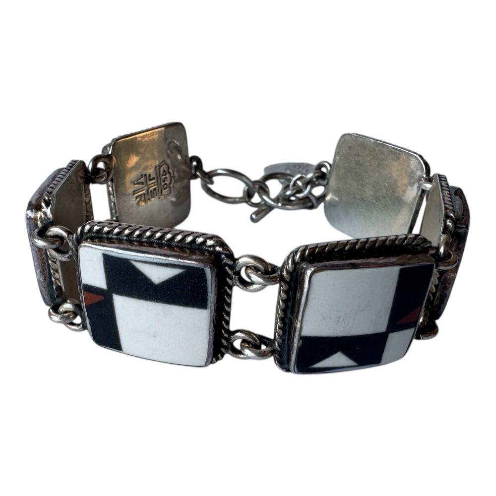 Jacqueline Smiley JSVR 950 Silver Mosaic Inlay Panel Bracelet Signed